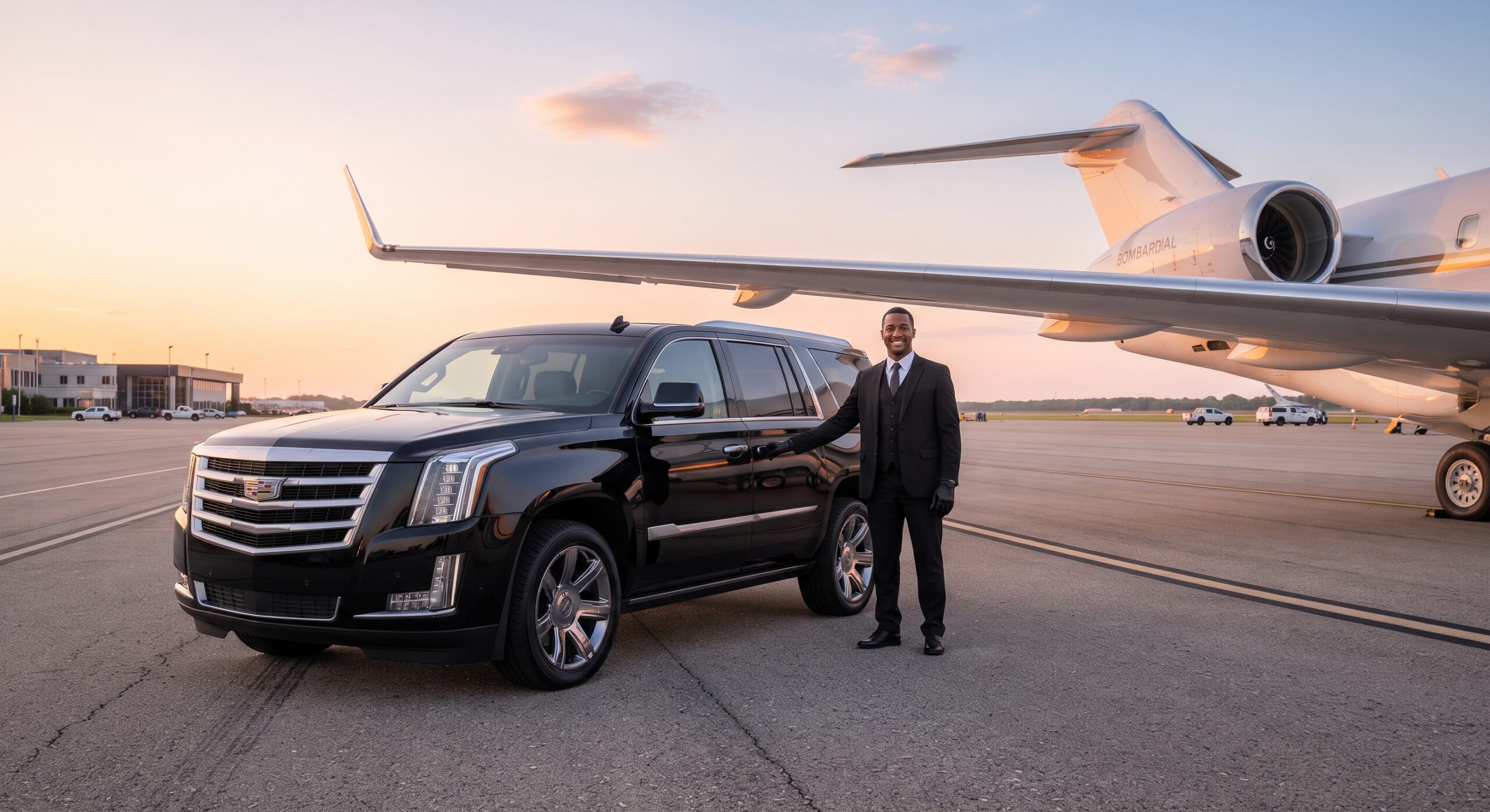 Pristine black Cadillac Escalade in a premium airport setting