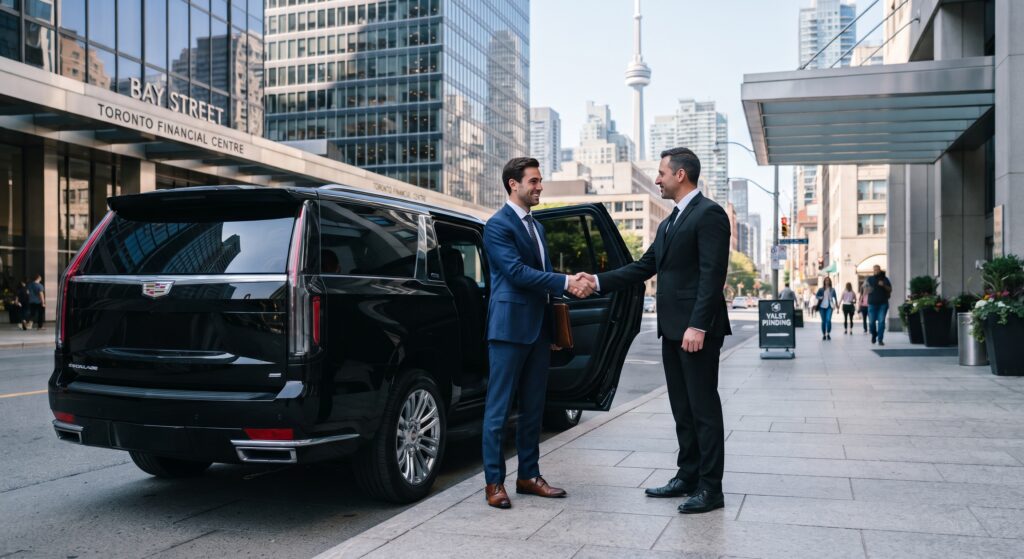 Black executive sedan parked at a downtown Toronto financial tower entrance